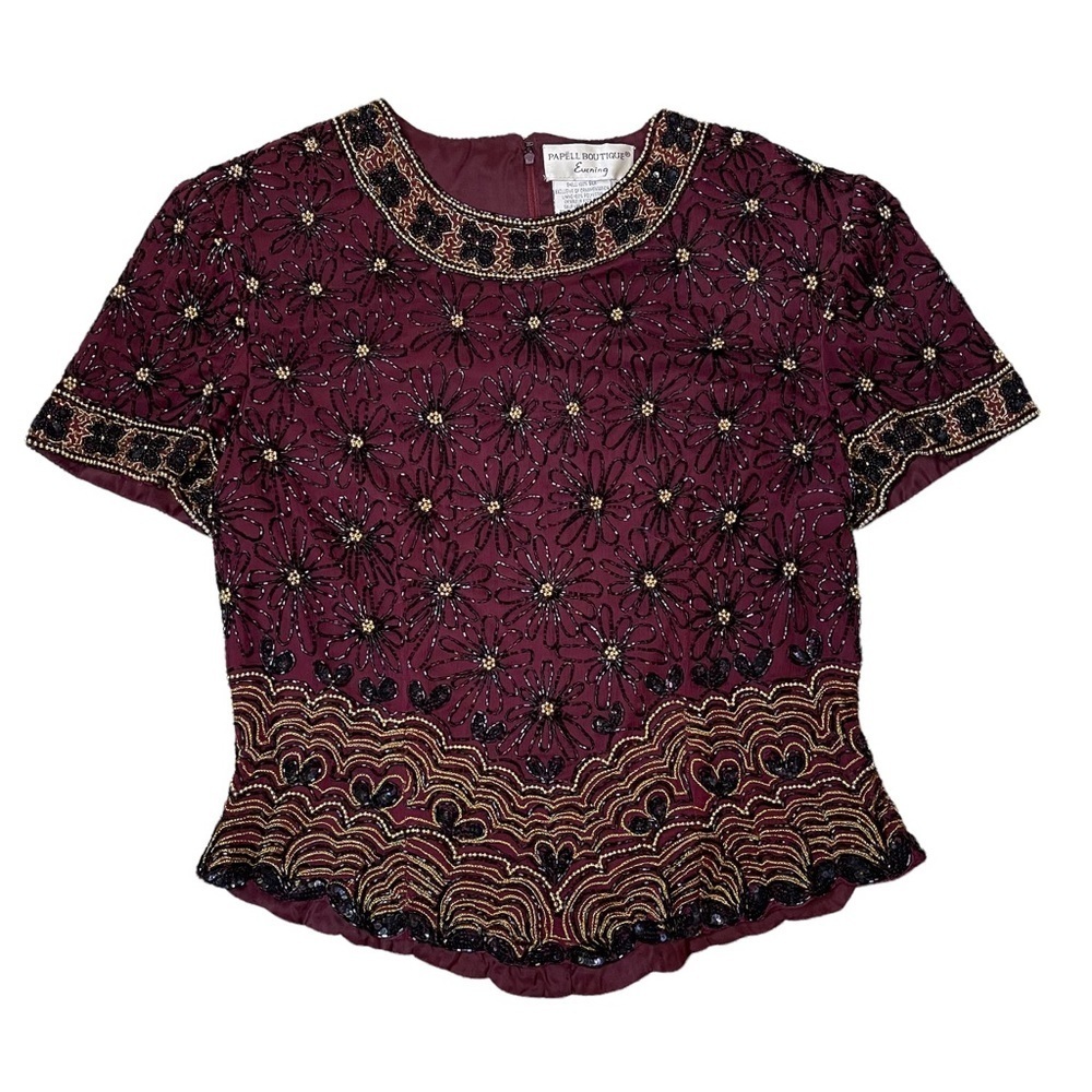 Vintage Papell Boutique Maroon Silk Beaded Top Women’s Medium Formal Evening